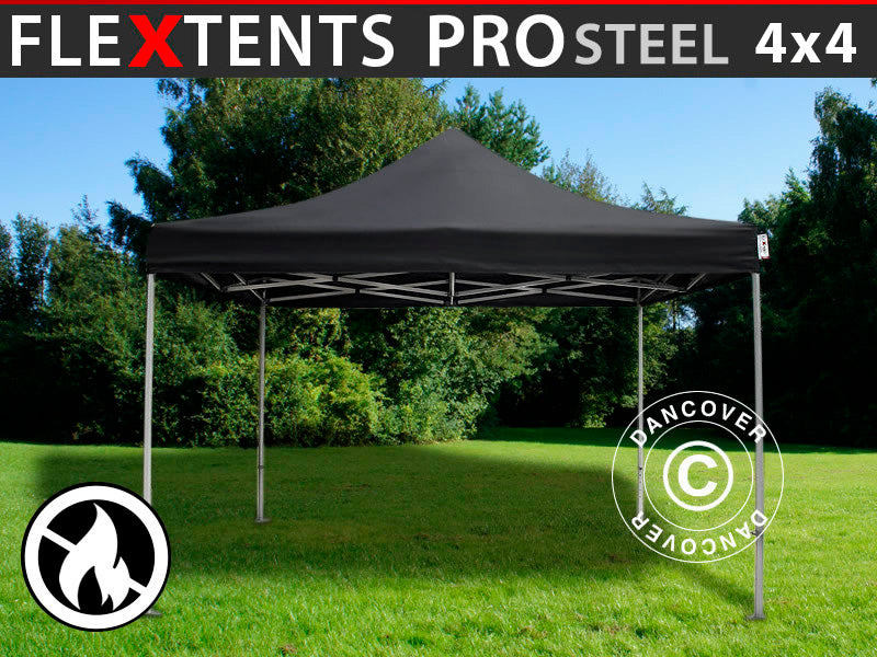 Foldetelt FleXtents PRO Steel 4x4m Sort, Brandhæmmende