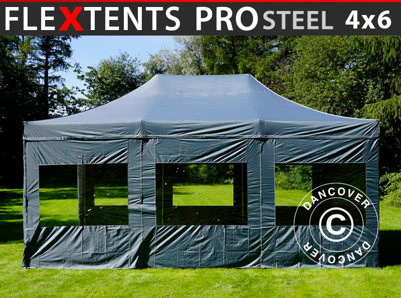 Foldetelt FleXtents PRO Steel 4x6m Grå, inkl. 8 sider