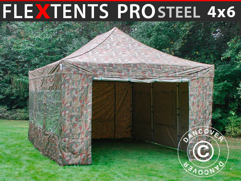 Foldetelt FleXtents PRO Steel 4x6m Camouflage/Militær, inkl. 8 sider