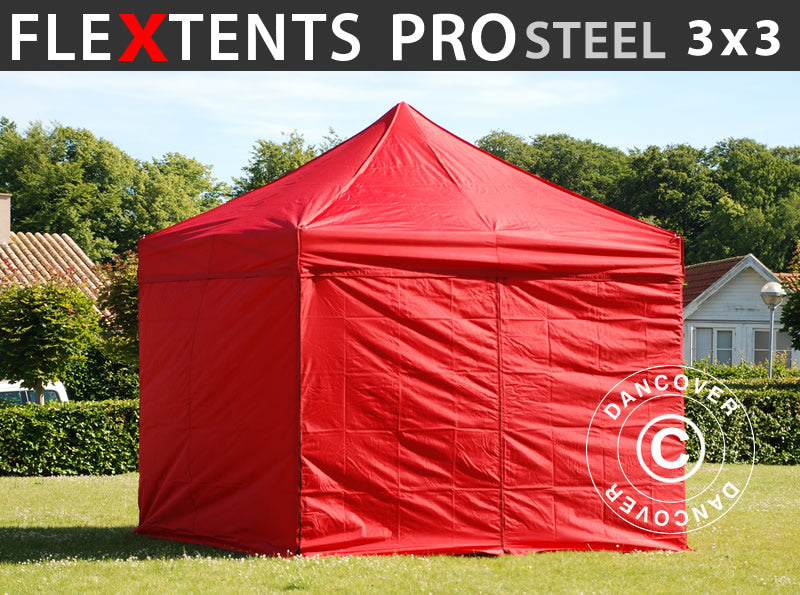 Foldetelt FleXtents PRO Steel 3x3m Rød, inkl. 4 sider