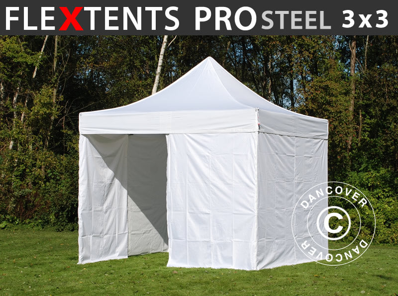 Foldetelt FleXtents PRO Steel 3x3m Hvid, inkl. 4 sider