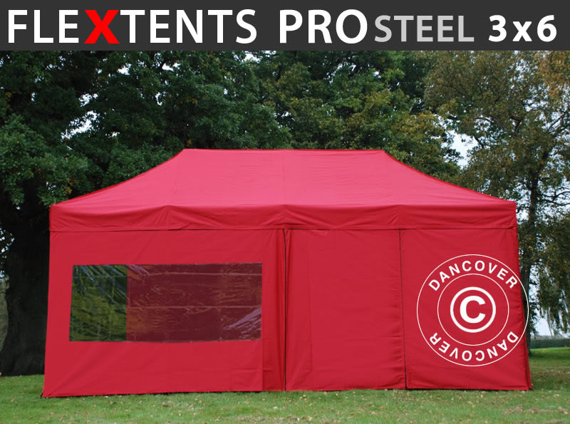 Foldetelt FleXtents PRO Steel 3x6m Rød, inkl. 6 sider