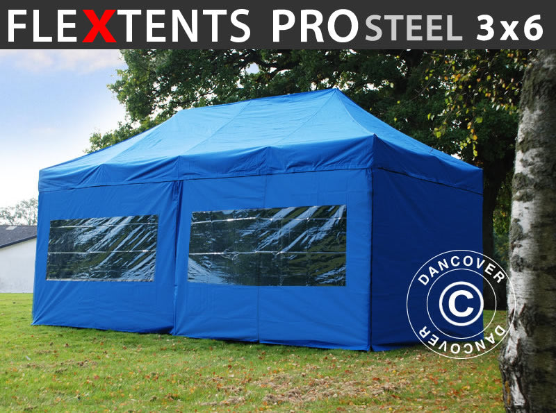 Foldetelt FleXtents PRO Steel 3x6m Blå, inkl. 6 sider