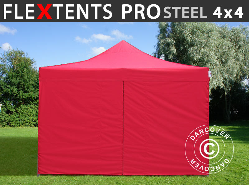 Foldetelt FleXtents PRO Steel 4x4m Rød, inkl. 4 sider