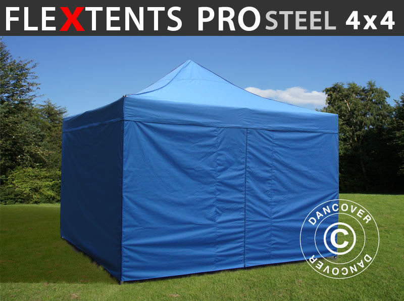Foldetelt FleXtents PRO Steel 4x4m Blå, inkl. 4 sider
