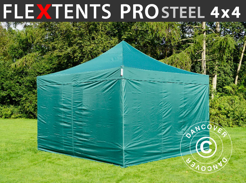 Foldetelt FleXtents PRO Steel 4x4m Grøn, inkl. 4 sider