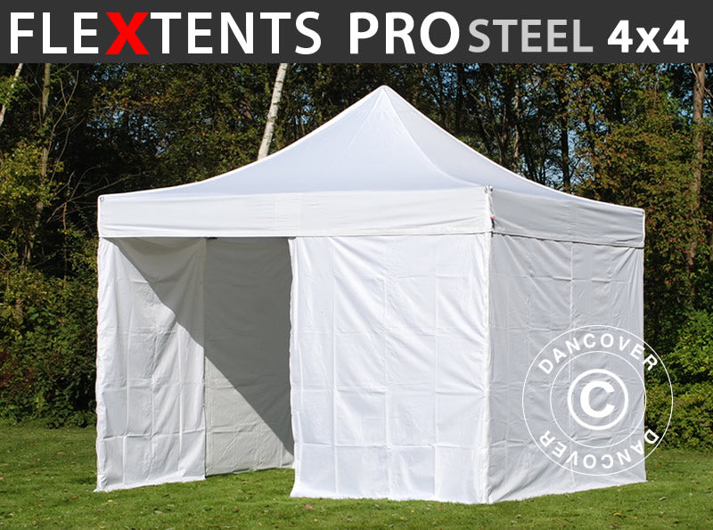 Foldetelt FleXtents PRO Steel 4x4m Hvid, inkl. 4 sider
