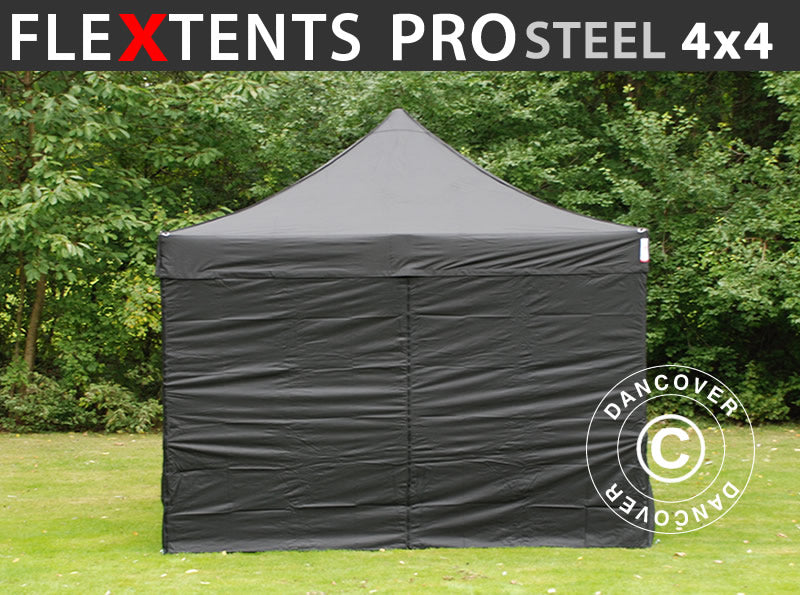 Foldetelt FleXtents PRO Steel 4x4m Sort, inkl. 4 sider