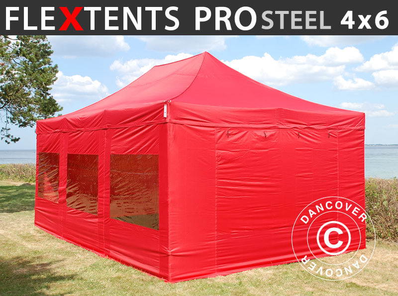 Foldetelt FleXtents PRO Steel 4x6m Rød, inkl. 8 sider