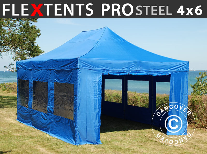 Foldetelt FleXtents PRO Steel 4x6m Blå, inkl. 8 sider