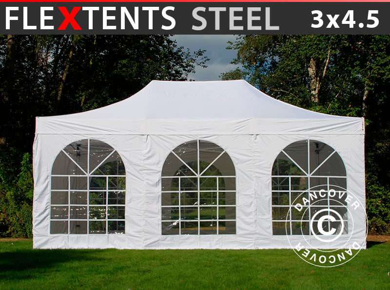 Foldetelt FleXtents Steel 3x4,5m, Hvid, inkl. 4 sider