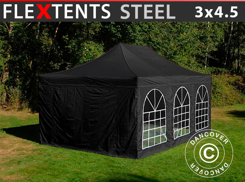 Foldetelt FleXtents Steel 3x4,5m, Sort, inkl. 4 sider