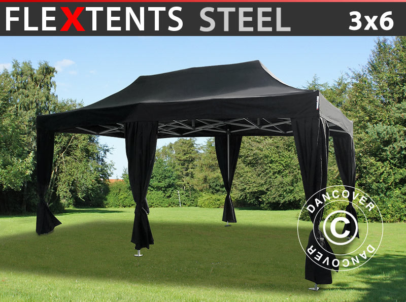 Foldetelt FleXtents Steel 3x6m Sort, inkl. 6 pyntegardiner