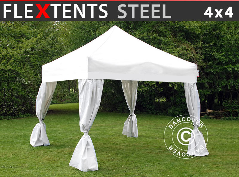 Foldetelt FleXtents Steel 4x4m Hvid, inkl. 4 pyntegardiner