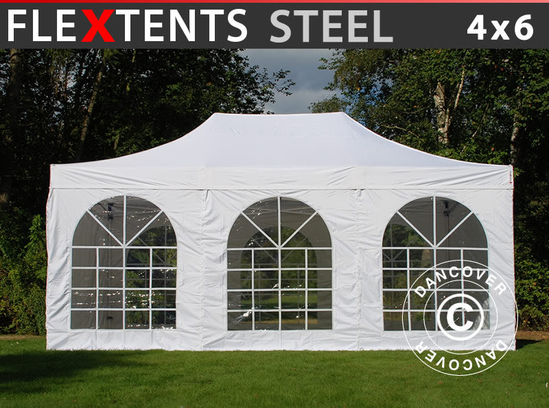 Foldetelt FleXtents Steel 4x6m Hvid, inkl. 4 sider