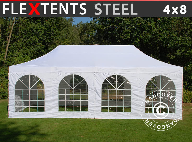 Foldetelt FleXtents Steel 4x8m Hvid, inkl. 4 sider