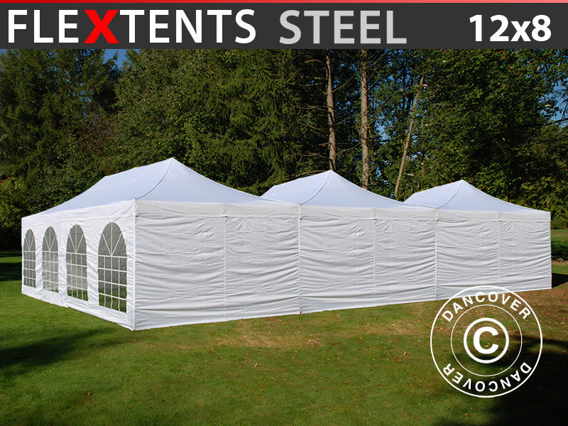 Foldetelt FleXtents® Steel 12x8m Hvid, inkl. 8 sider