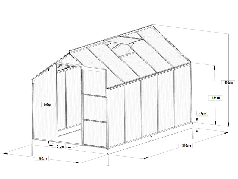 Drivhus Polycarbonat 5,89m², 1,9x3,1x2,05m m/sokkel, Sort