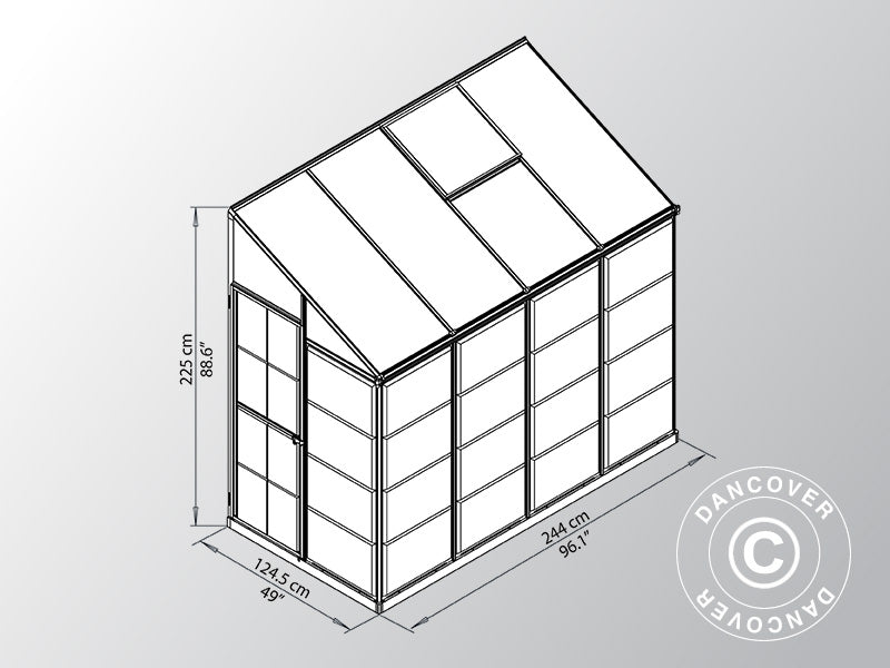 Vægdrivhus polycarbonat, 3,05m², Palram/Canopia, 1,25x2,44x2,25m, Sølv
