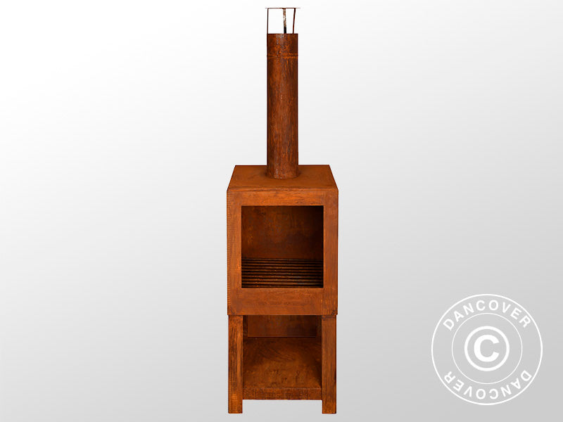 Havepejs m/ brændeopbevaring, 38,4x38,4x136cm, Rustfarvet