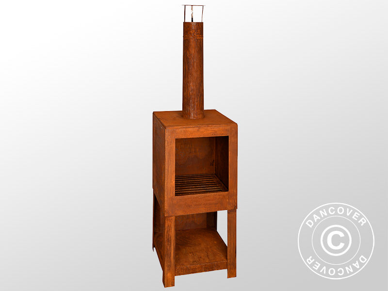 Havepejs m/ brændeopbevaring, 38,4x38,4x136cm, Rustfarvet