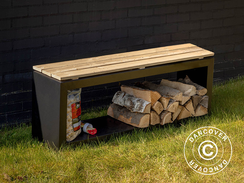 Bænk m/ brændeopbevaring, 29,5x118x48cm, Sort/Natur
