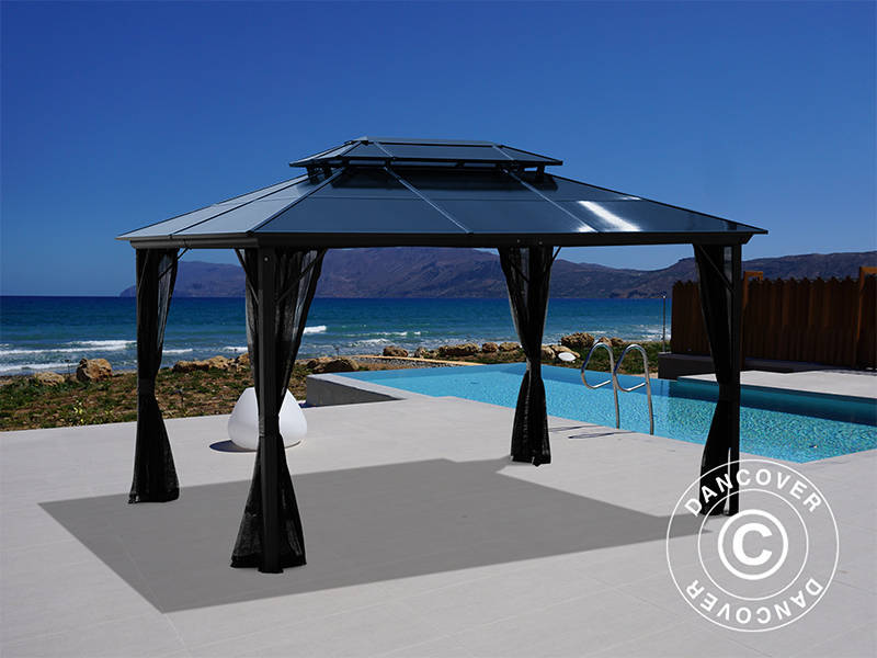 Pavillon Santa Ana Alu+ m/sidevægge og myggenet, 3x4m, Sort