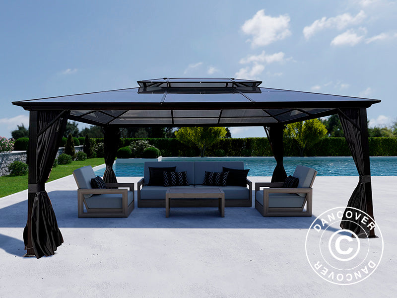 Pavillon Santa Ana Alu+ m/sidevægge og myggenet, 3,65x4,85m, Sort