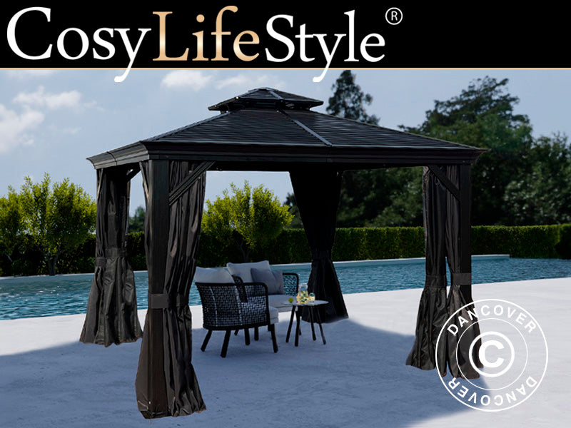 Pavillon San Bruno Alu+ m/sidevægge og myggenet, 3x3m, Sort