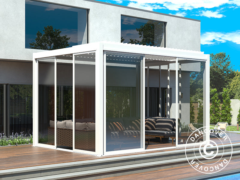 Bioklimatisk pergola pavillon San Pablo Alu+ med skydedøre, 3x4m, Hvid