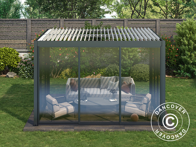 Bioklimatisk pergola pavillon San Pablo Alu+ med skydedøre, 3x4m, Sort/Hvid
