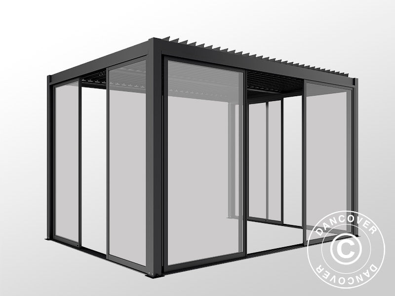 Bioklimatisk pergola pavillon San Pablo Alu+ med skydedøre, 4x4m, Sort