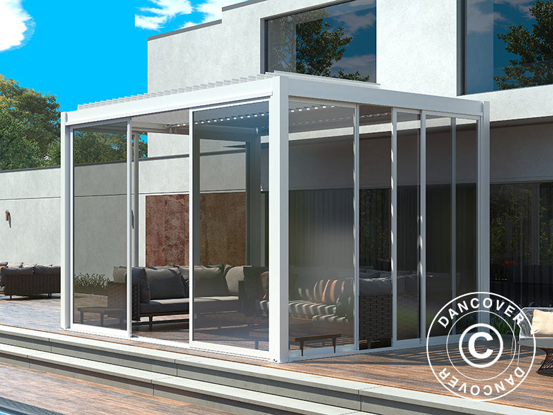 Bioklimatisk pergola pavillon San Pablo Alu+ med skydedøre, 4x4m, Hvid