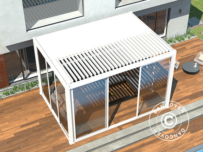 Bioklimatisk pergola pavillon San Pablo Alu+ med skydedøre, 4x4m, Hvid