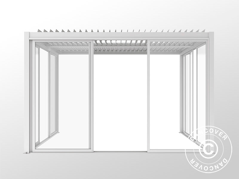 Bioklimatisk pergola pavillon San Pablo Alu+ med skydedøre, 4x4m, Hvid