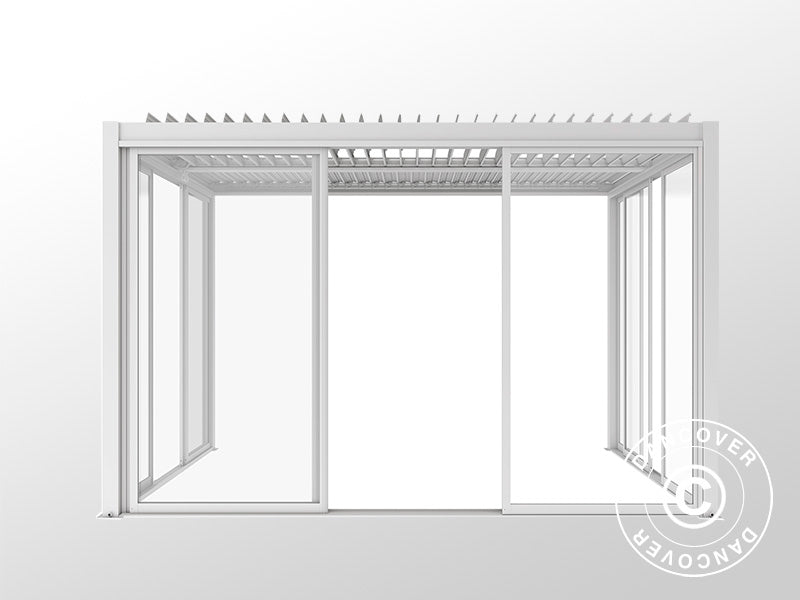Bioklimatisk pergola pavillon San Pablo Alu+ med skydedøre, 4x4m, Hvid