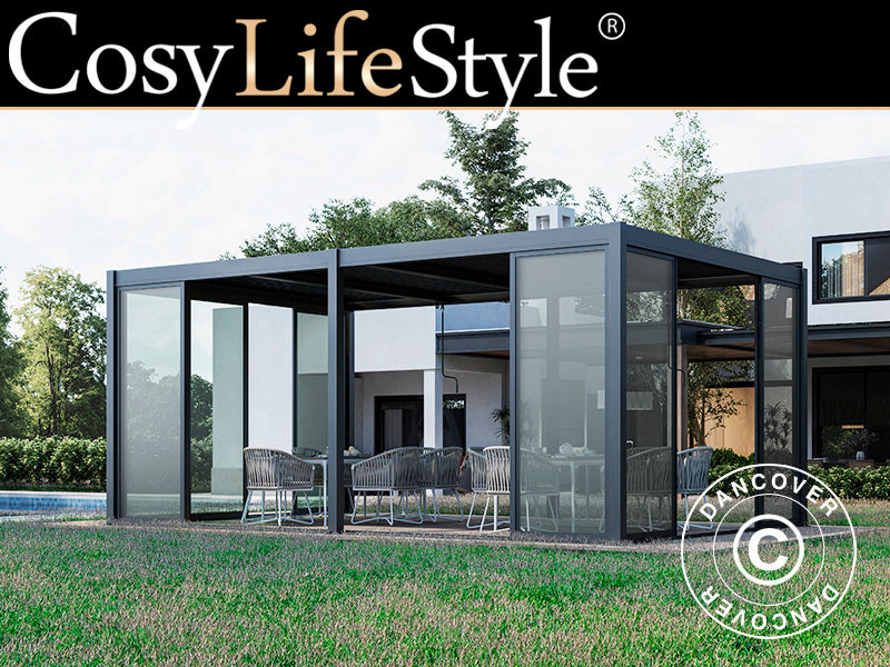 Bioklimatisk pergola pavillon San Pablo Alu+ med skydedøre, 3x5,8m, Sort