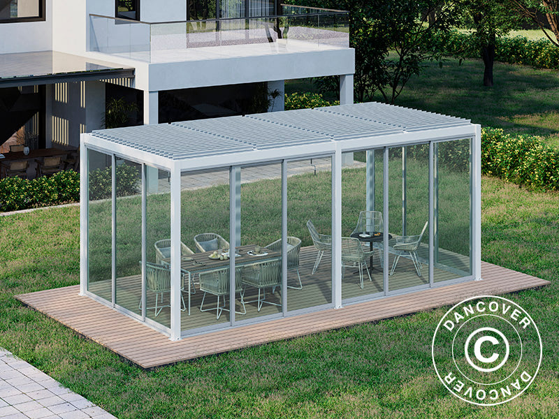Bioklimatisk pergola pavillon San Pablo Alu+ med skydedøre, 3x5,8m, Hvid
