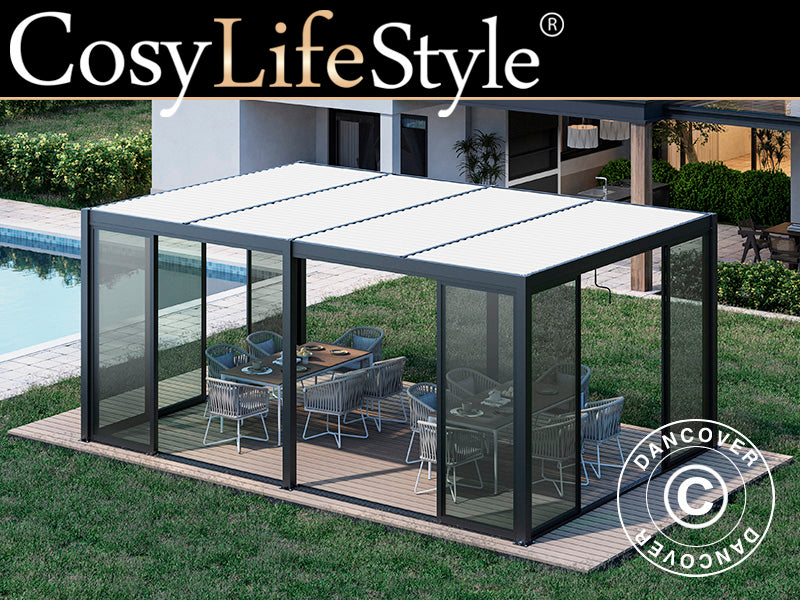 Bioklimatisk pergola pavillon San Pablo Alu+ med skydedøre, 3x5,8m, Sort/Hvid