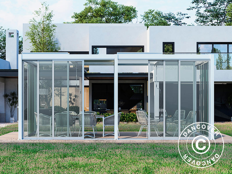 Bioklimatisk pergola pavillon San Pablo Alu+ med skydedøre, 4x5,8m, Hvid