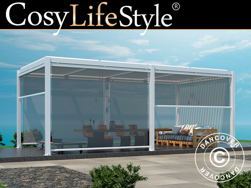 Bioklimatisk pergola pavillon San Pablo Alu+, 3x5,8m, inkl. 6 sidevægge, Hvid