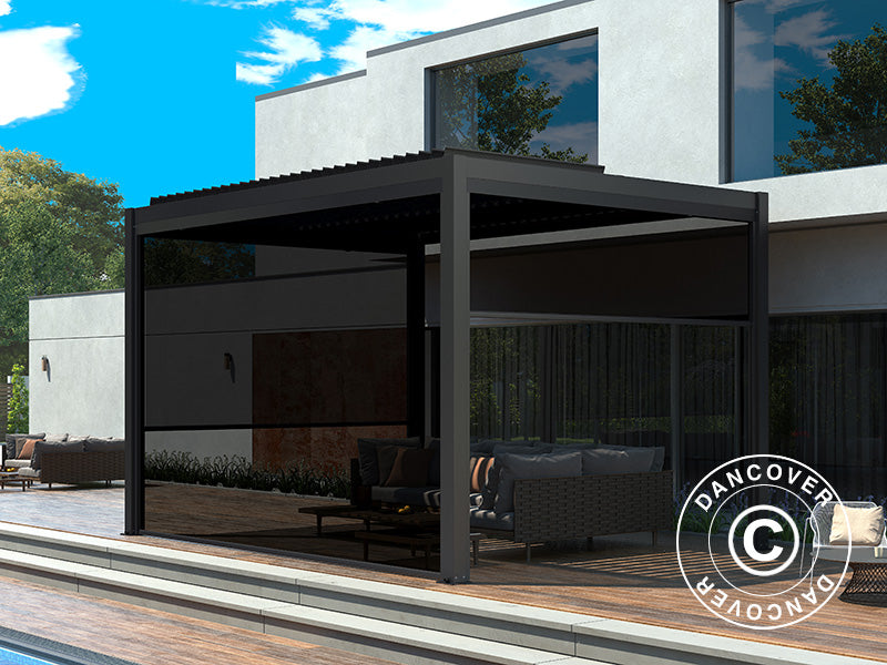Bioklimatisk pergola-pavillon San Pablo Alu+, 4x4m, inkl. 4 sidevægge, Sort