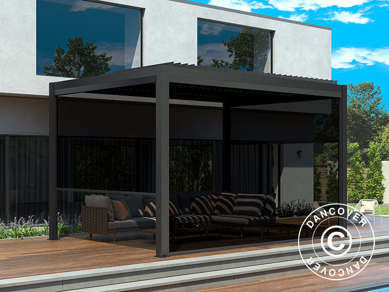 Bioklimatisk pergola-pavillon San Pablo Alu+, 4x4m, inkl. 4 sidevægge, Sort