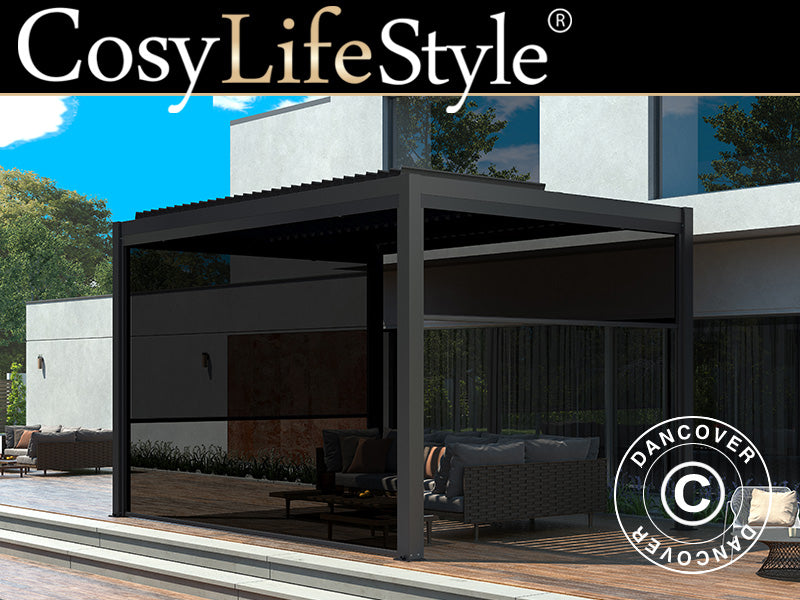 Bioklimatisk pergola-pavillon San Pablo Alu+, 4x4m, inkl. 4 sidevægge, Sort
