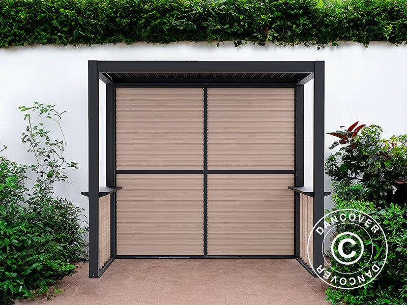 Pergola San Juan til grill, inkl. lamelvægge og sider, 2,5x1,5x2,3m, Sort/Træ-look