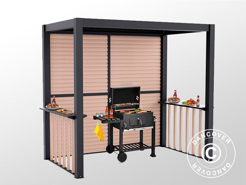 Pergola San Juan til grill, inkl. lamelvægge og sider, 2,5x1,5x2,3m, Sort/Træ-look
