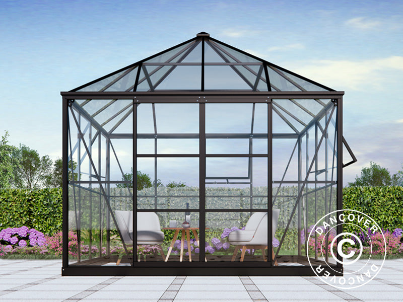 Orangeri, pavillon glas 8,06m², 2,82x2,86x2,8m m/sokkel, Sort