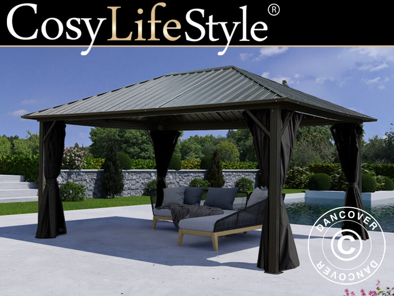 Pavillon San Bernardino m/sidevægge og myggenet, 3,65x4,85m, Sort