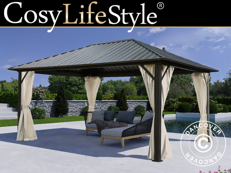 Pavillon San Bernardino m/sidevægge og myggenet, 3,65x4,85m, Sort/Natur