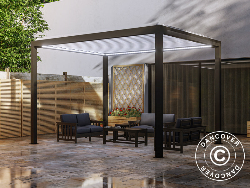 Bioklimatisk pergola pavillon Génova m/LED-Lys, 4x3m, Antracit/Hvid
